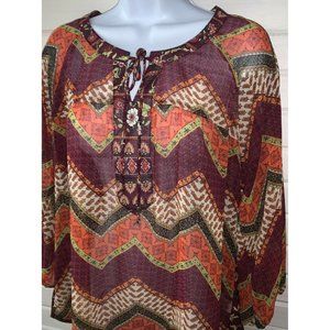 Olive Hill Sz MEDIUM BoHo Tunic Tie Front Burgundy Orange Chevron Blouse EUC